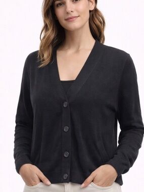Stitches + Stripes Black Cardigan Medium V-Neck Button Lightweight Classic
